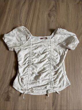 Ruched Square Neck Puff Sleeve Top - White